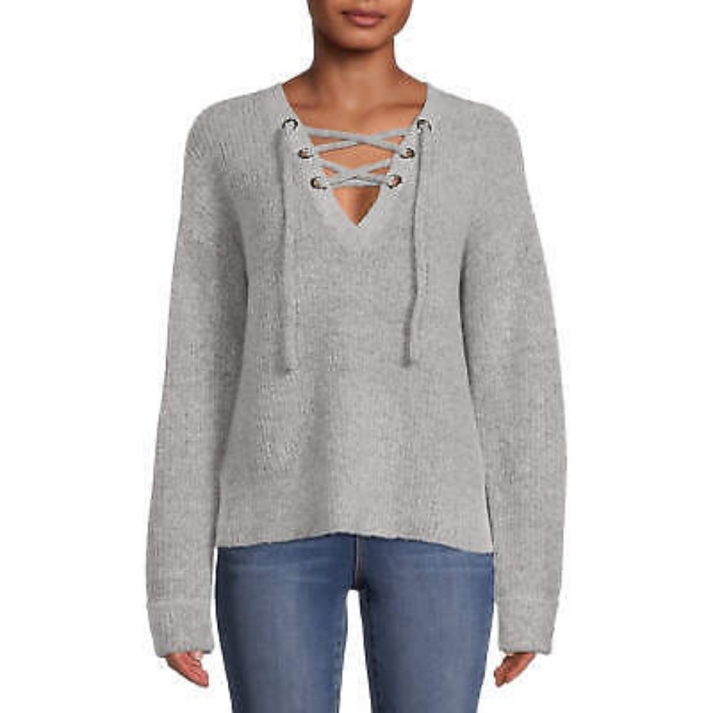 No Boundaries Juniors’ Lace Up Gray Sweater with Split Side Detail, size Large
